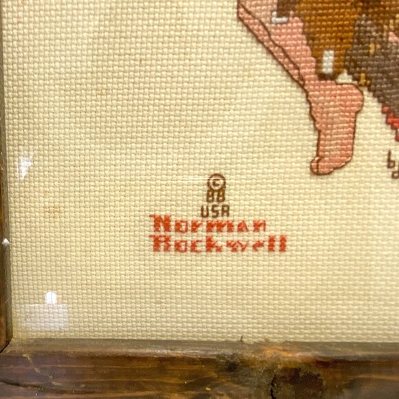 Vtg. 88' Framed Norman Rockwell Boy Girl Dog Swinging Cross Stitch Wooden Frame - Picture 2 of 3